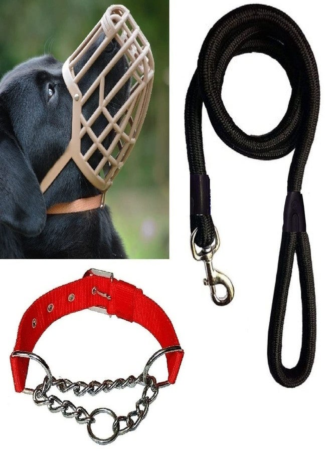 Pups&Pets Dog Muzzle Adjustable Proper Fetting for Dog Muzzle + Black Rope + Red Choke Collar for All Large Breed Dogs.(Combo of 3) - Image 1